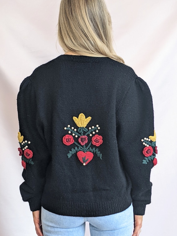 80s Ecuador Flower Knit cardigan 花 ビンテージ True Vintage 1980s Hand Knitted Handcrafted 100% Wool Black