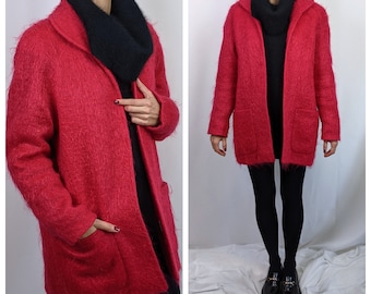 Vintage 90s does 60s raspberry red minimalist mod mohair open short coat size S/M