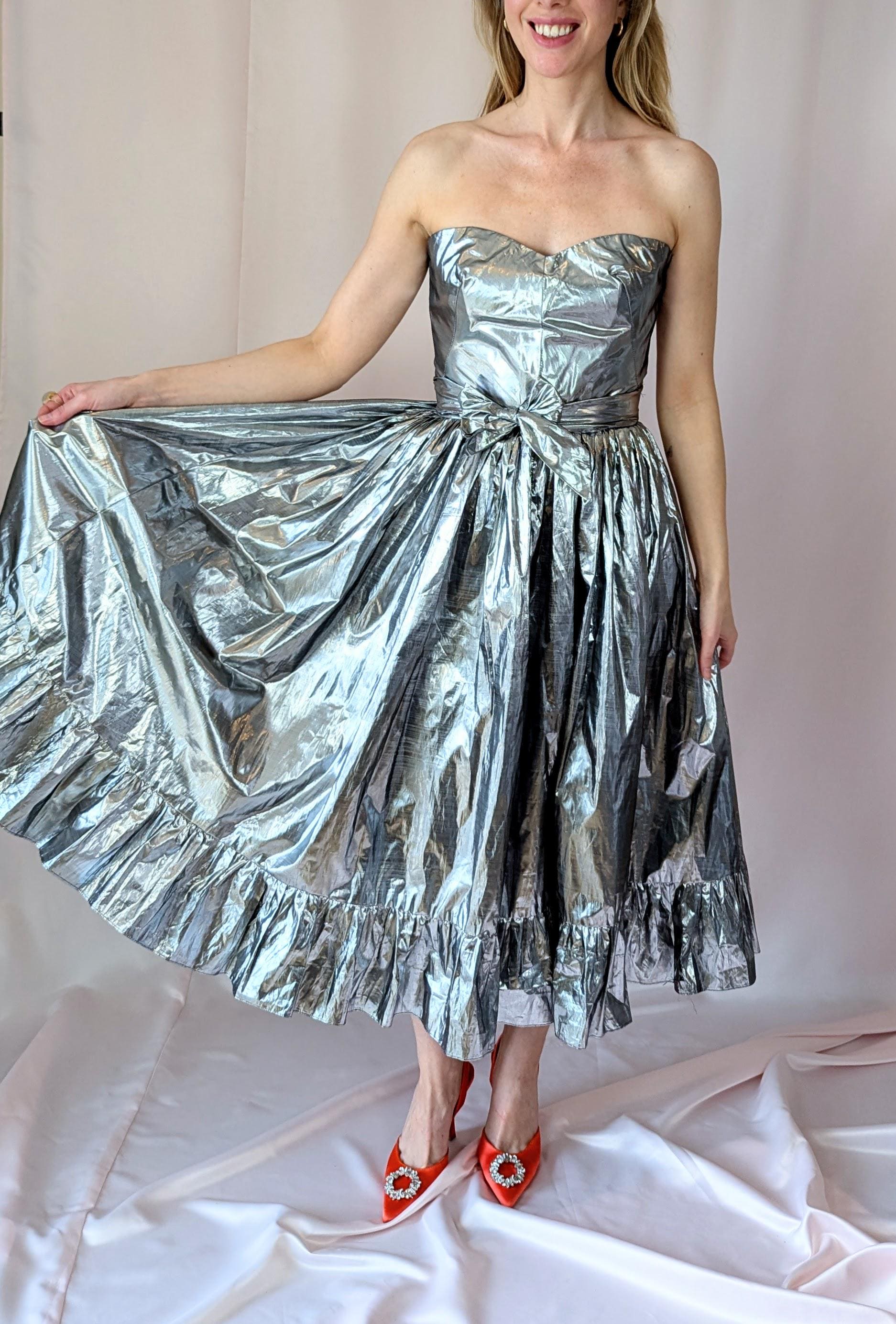 silver vintage dress 70s Does 50s Vintage Silver Lame Party Dress/ Fit and Flare/ Chic/ NYE/  Opalescent/ Shimmery/ Shiny/ Disco/ Rare/ Statement/ Size S