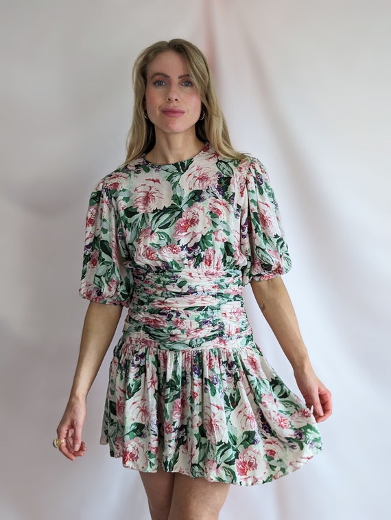 80s silk vintage multicolour mini floral dress/ p… - image 3