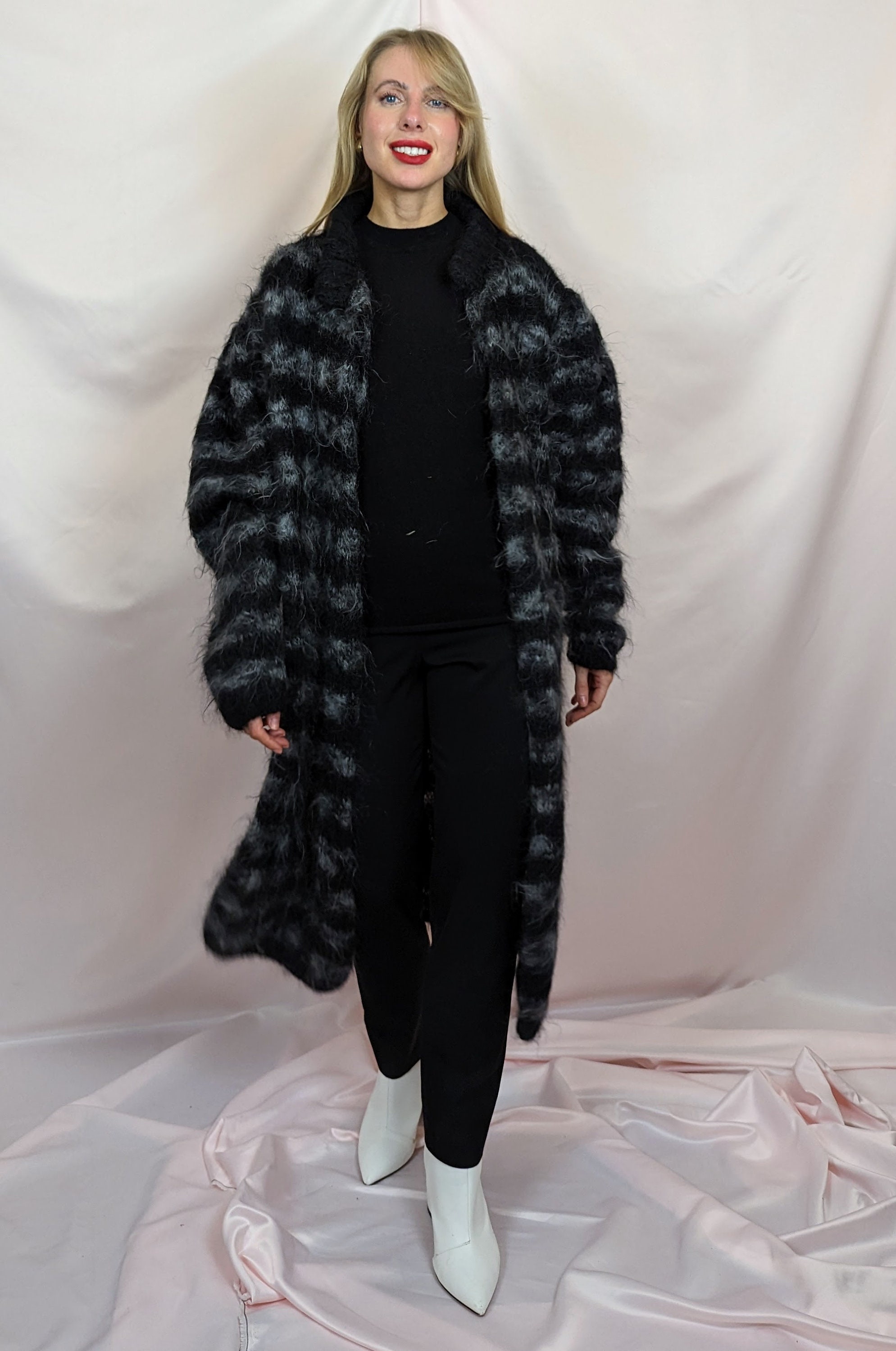 True Vintage 1990s Hand Knitted Mohair Long Open Cardigan Striped 