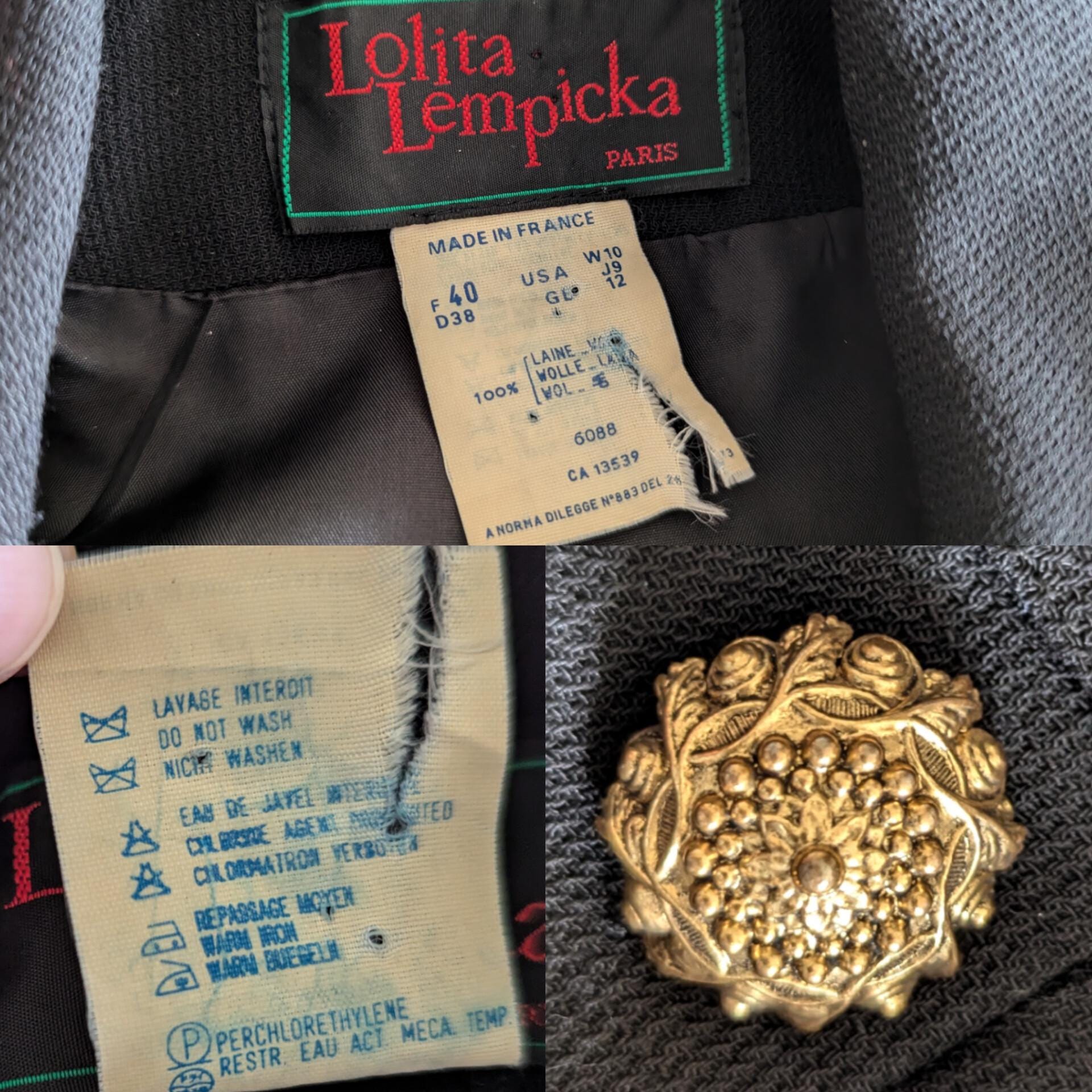 90s Vintage Lolita Lempicka 100% Wool Black Blazer With Gold Trims
