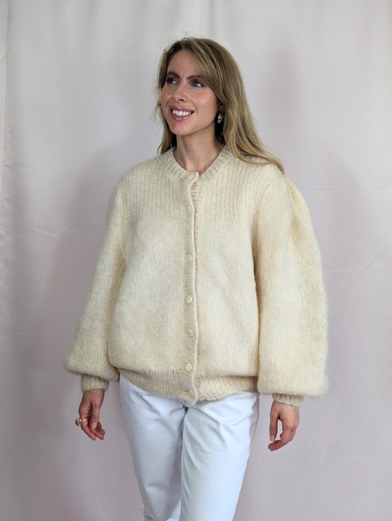 90s Vintage Mohair Cream Hand Knitted Button Down Cardigan/ Fuzzy