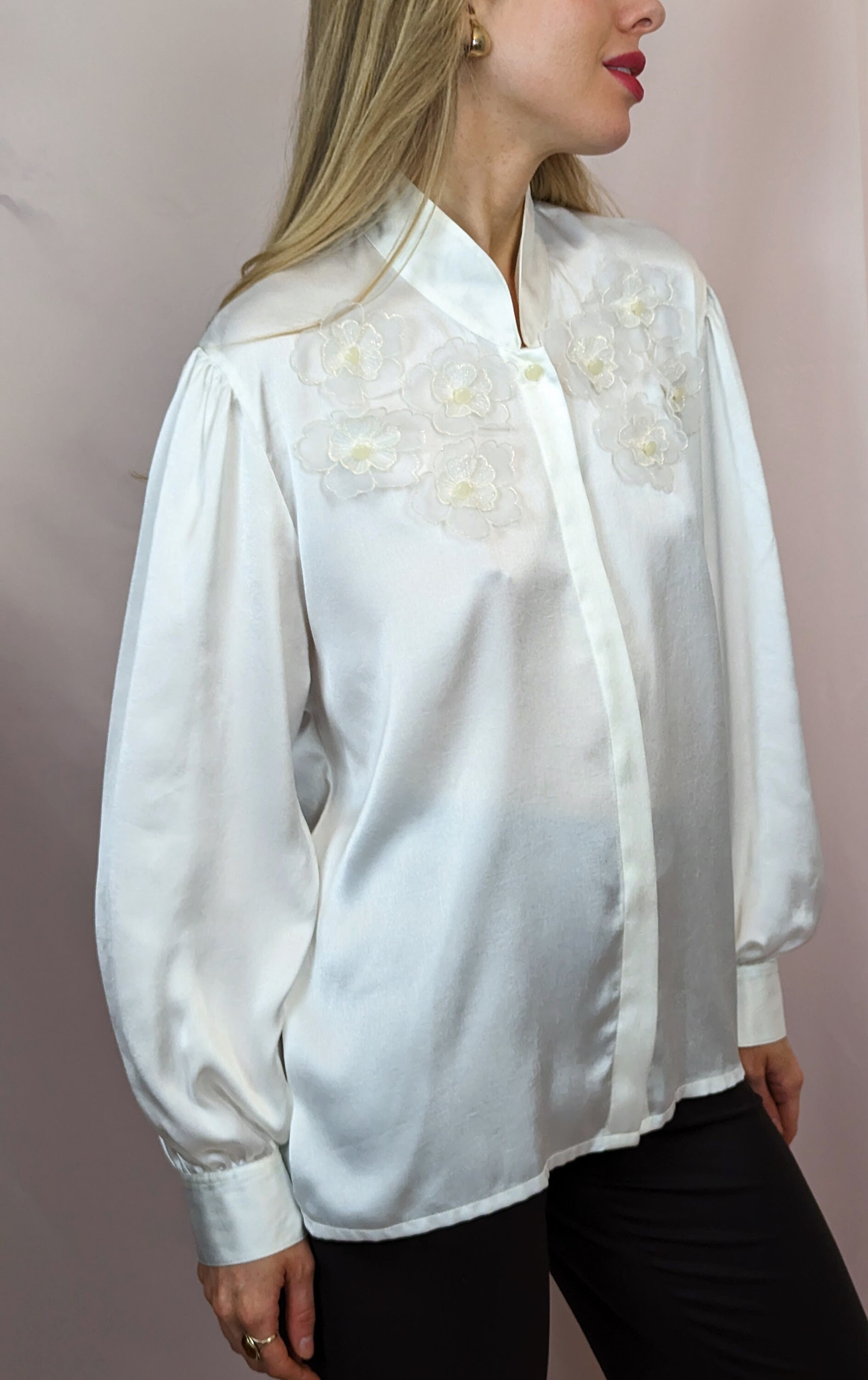 True Vintage 1980s Romantic White Satin Button Up Blouse With Bishop True Vintage 1980s Romantic White Satin Button Up Blouse With Bishop