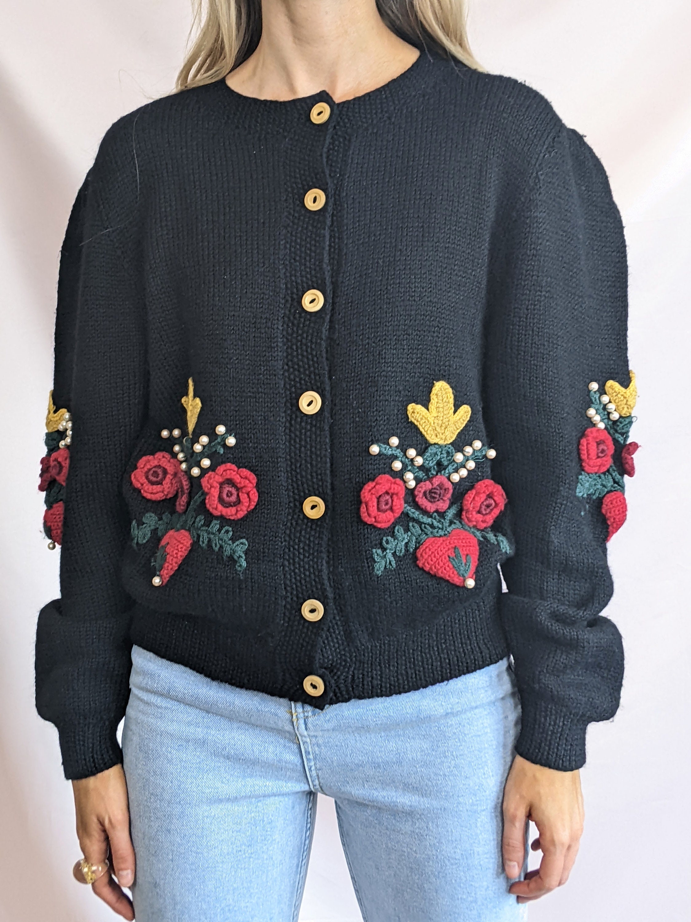 80s Ecuador Flower Knit cardigan 花 ビンテージ True Vintage 1980s Hand Knitted Handcrafted 100% Wool Black