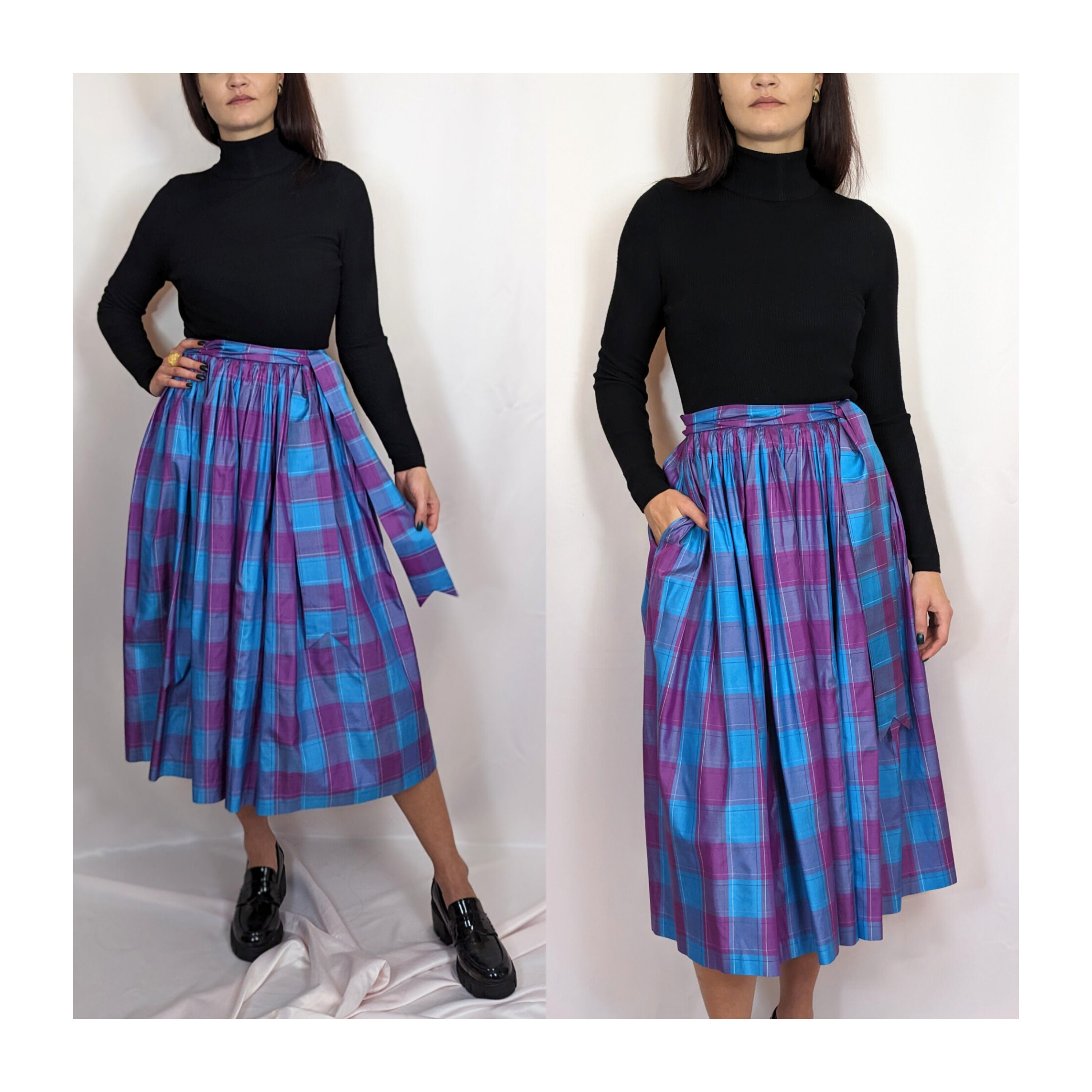80s Vintage 100% Silk Midi Check Pattern Skirt With Waist