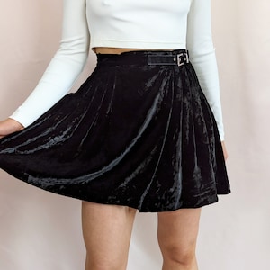 y2k 00s vintage Blumarine black velvet mini pleated skirt with diamante buckle/ high waist/ school girl/ glam/ chic/ rayon/ size S image 2