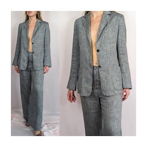 y2k 00s vintage grey 2 piece pant suit/ trousers and blazer/ 100% linen/ Spring Summer/ minimalist/ preppy/ classic/ tailored/ size S