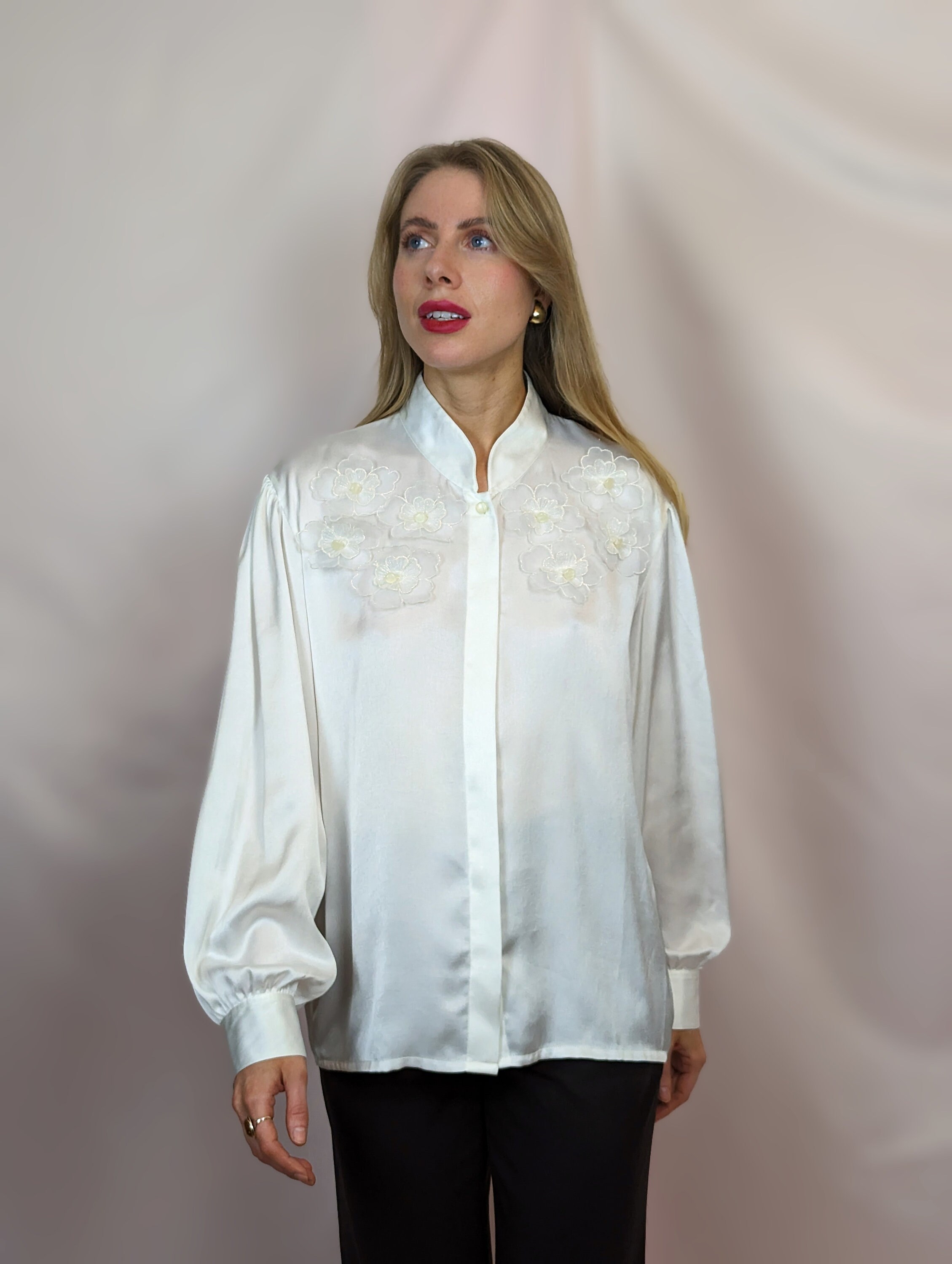 True Vintage 1980s Romantic White Satin Button Up Blouse With Bishop True Vintage 1980s Romantic White Satin Button Up Blouse With Bishop