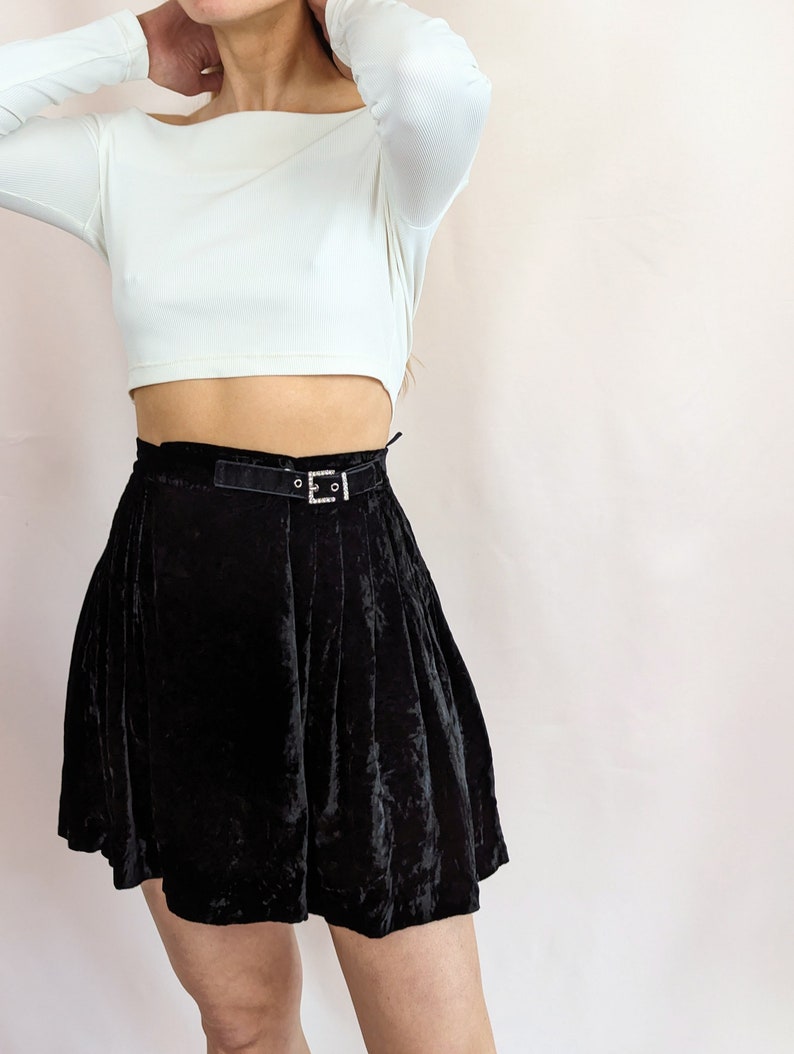 y2k 00s vintage Blumarine black velvet mini pleated skirt with diamante buckle/ high waist/ school girl/ glam/ chic/ rayon/ size S image 5