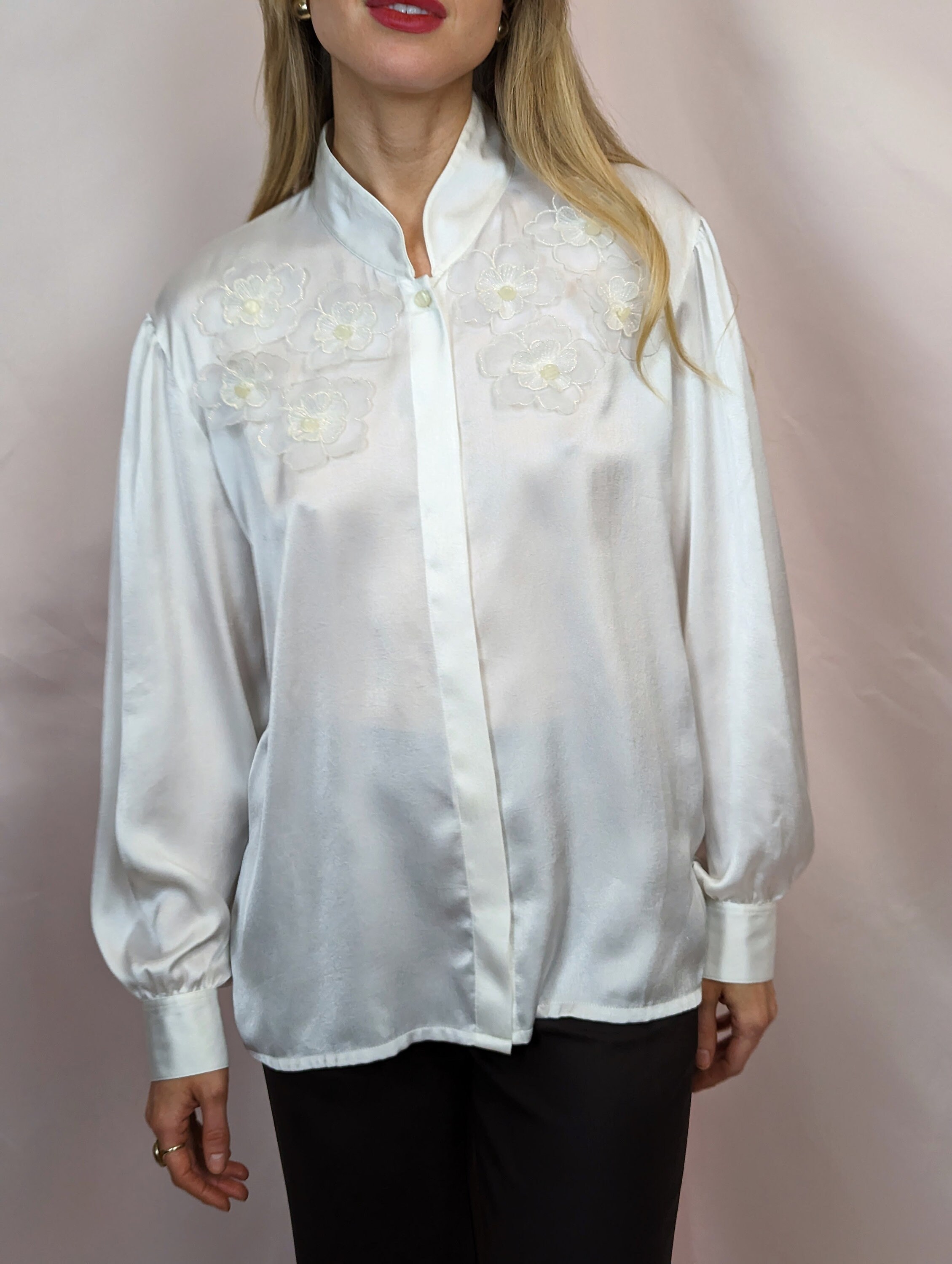 True Vintage 1980s Romantic White Satin Button Up Blouse With Bishop True Vintage 1980s Romantic White Satin Button Up Blouse With Bishop
