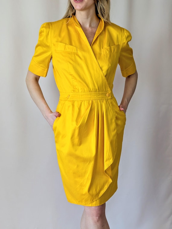 90s Escada Vintage 100% Cotton Yellow Knee Length Wrap Dress