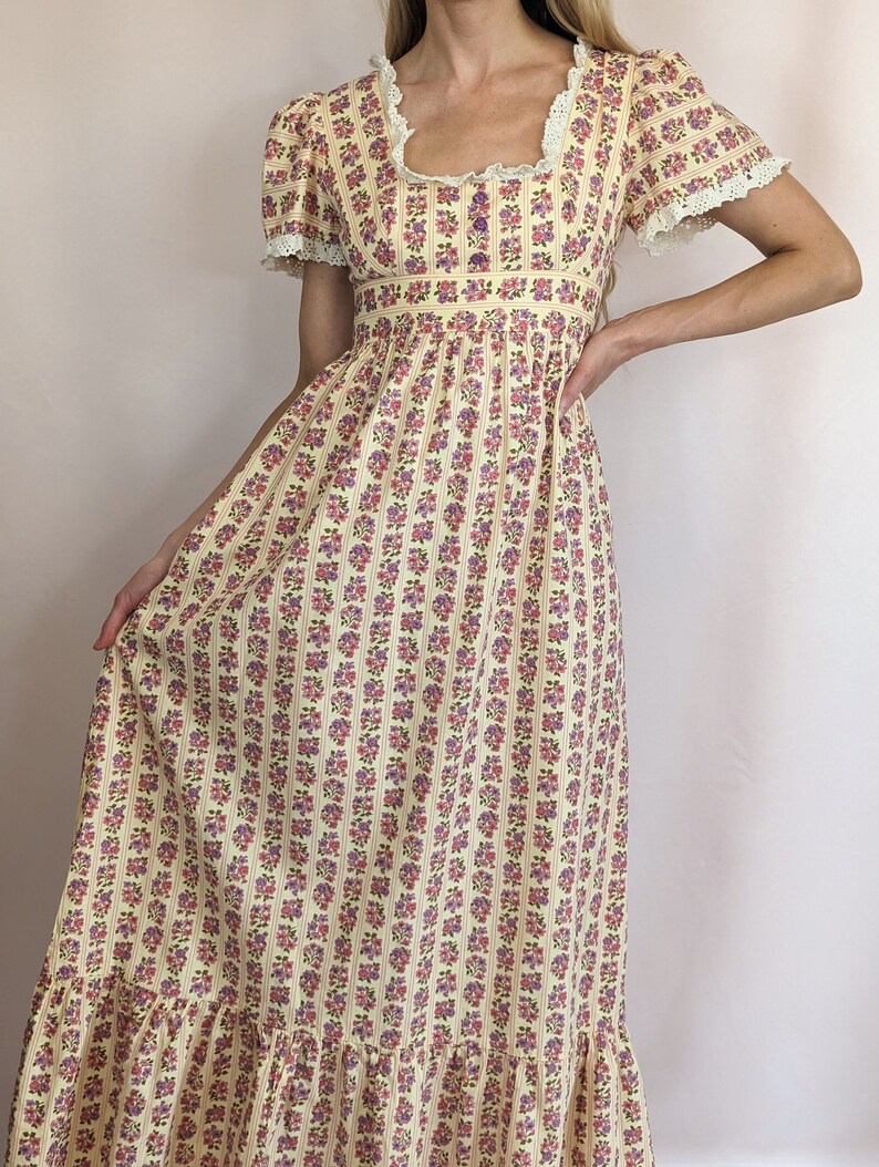 70s vintage Sherman of London maxi puffy sleeve romantic floral dress/ cotton/ Summer/ cottagecore/ lace trims/ A line/ size XS image 1