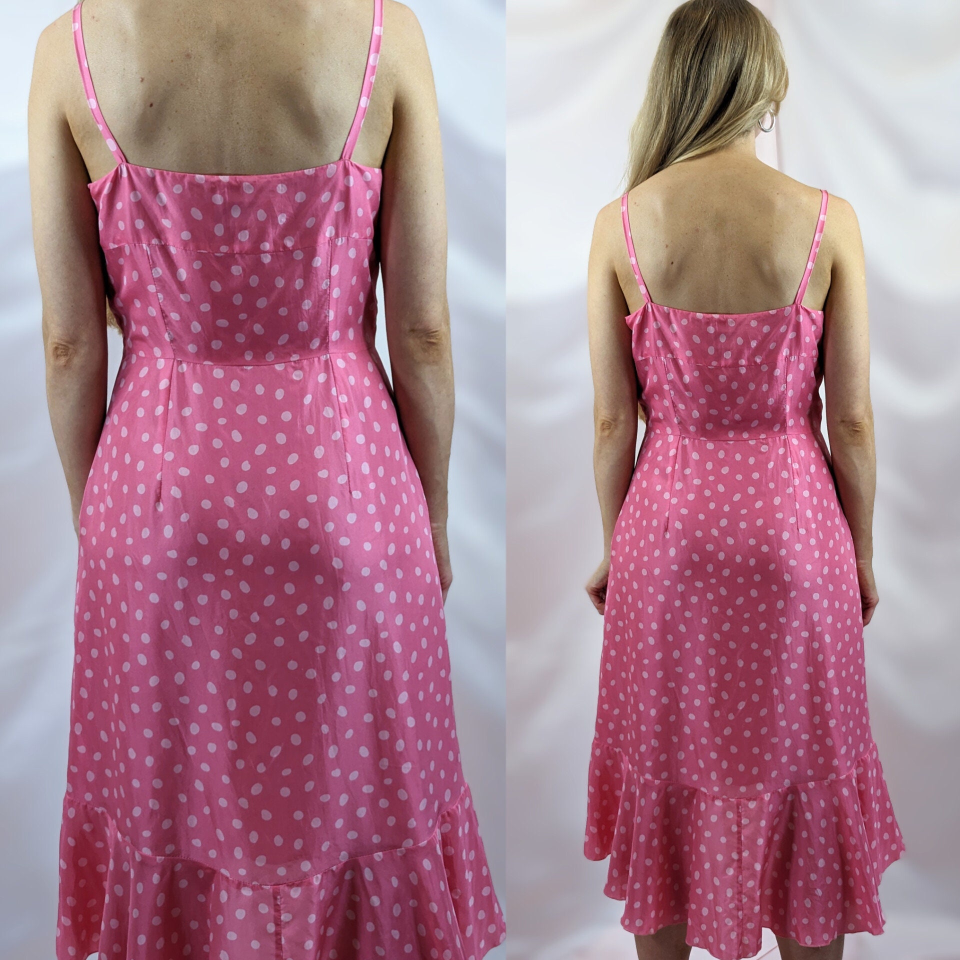 Y2k 00s Pink Polka Dot Sleeveless Silk Midi Dress with Irregular Ruffle Hem Romantic Cute Tailored Summer Size S/M