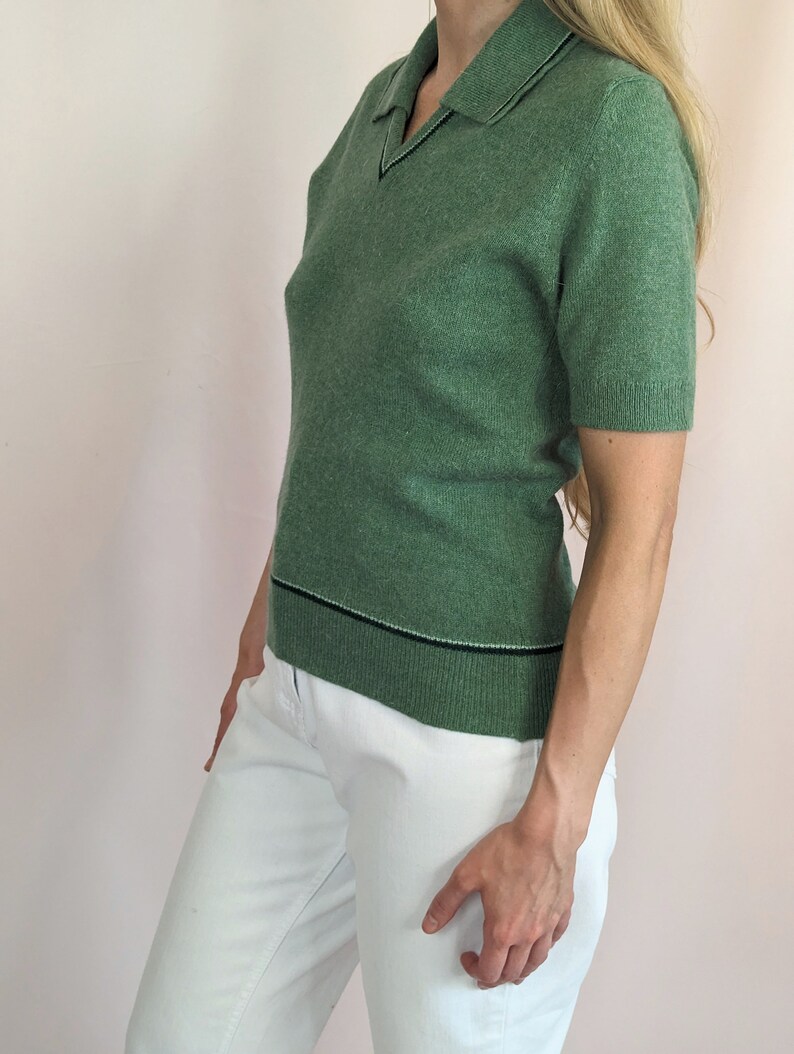 70s vintage short sleeve knitted sweater top/ dusty green/ collared/ MOD/ casual/ preppy/ wool/ angora size S image 6