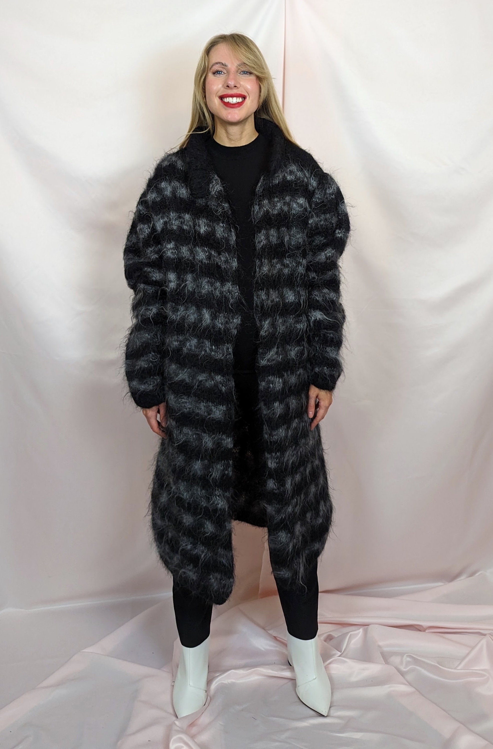 True Vintage 1990s Hand Knitted Mohair Long Open Cardigan Striped 