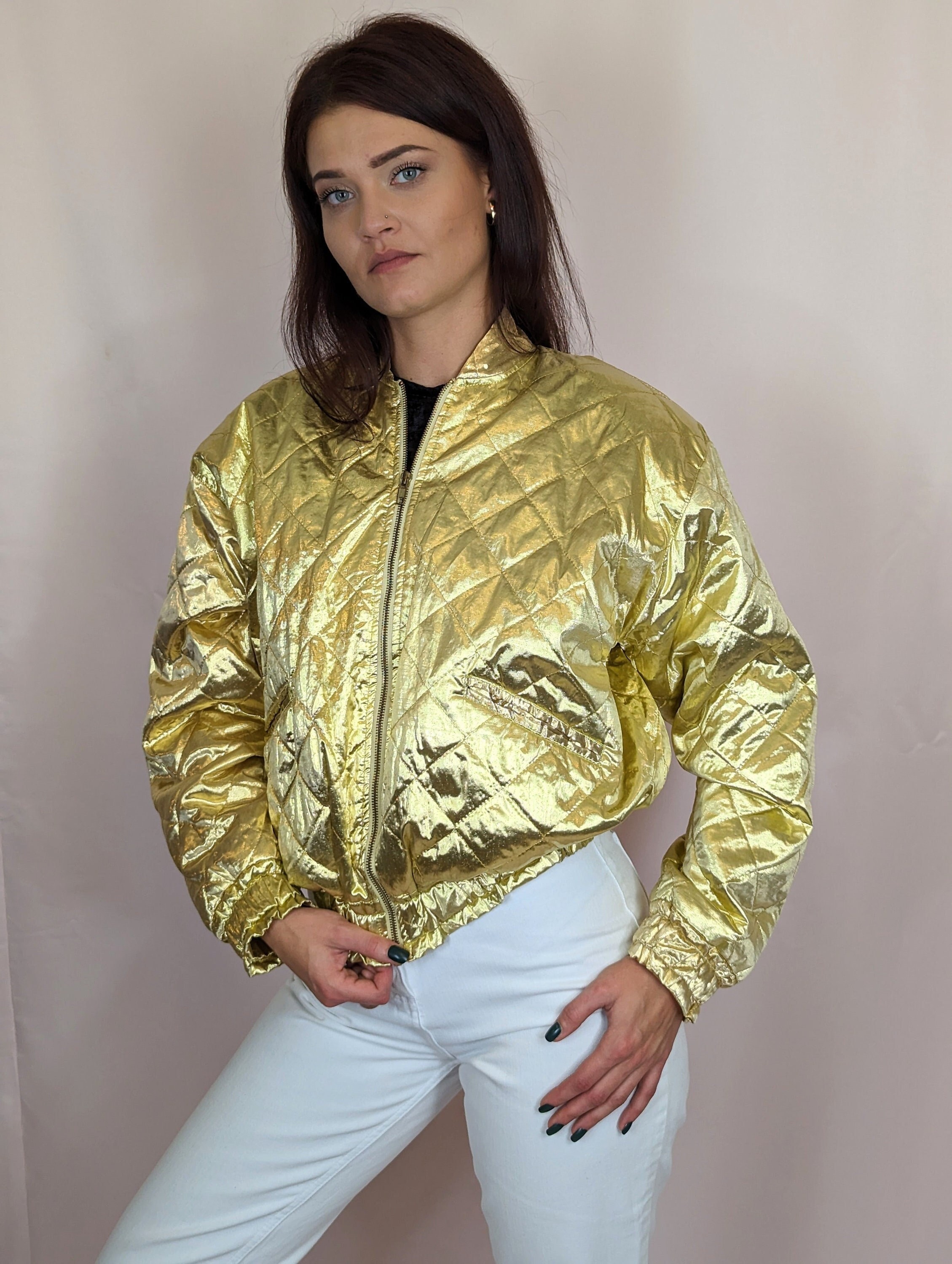 90s Vintage Metallic Gold Quilted Bomber Jacket Disco Glam