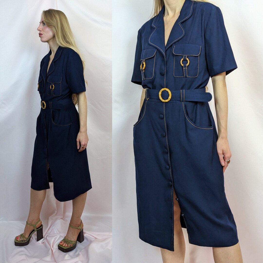 80s Vintage Navy Blue Preppy Shirtdress With Bamboo Details Spring ...