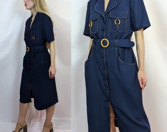 80s vintage navy blue preppy shirtdress with bamboo details Spring Summer casual smart work chic MOD size M