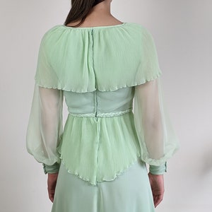 Vintage 1970s John Charles pastel mint green maxi chiffon dress size S/XS sheer bell sleeves cape collar image 3