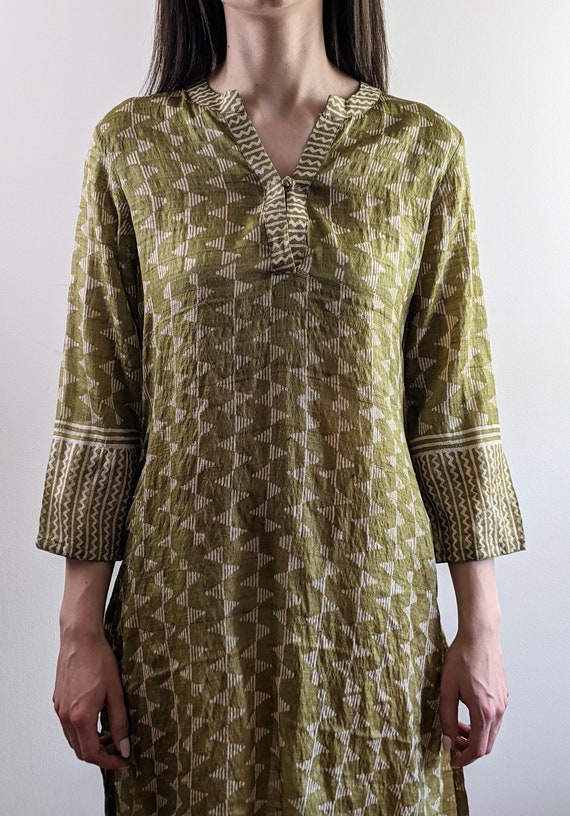 Vintage 1960s style kaftan silk dress olive green… - image 1