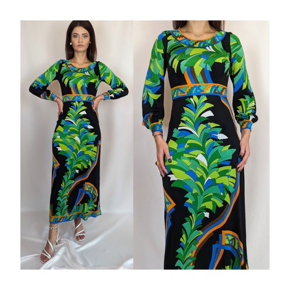 70s vintage groovy maxi abstract pattern long sle… - image 1