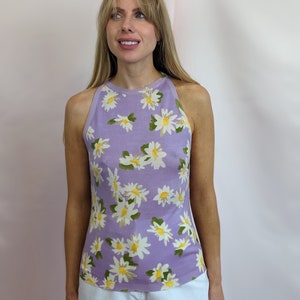 True vintage Y2K 2000s Moschino 100% wool lilac sleeveless top with floral daisy pattern quirky cute pastel chic size S/ XS image 6