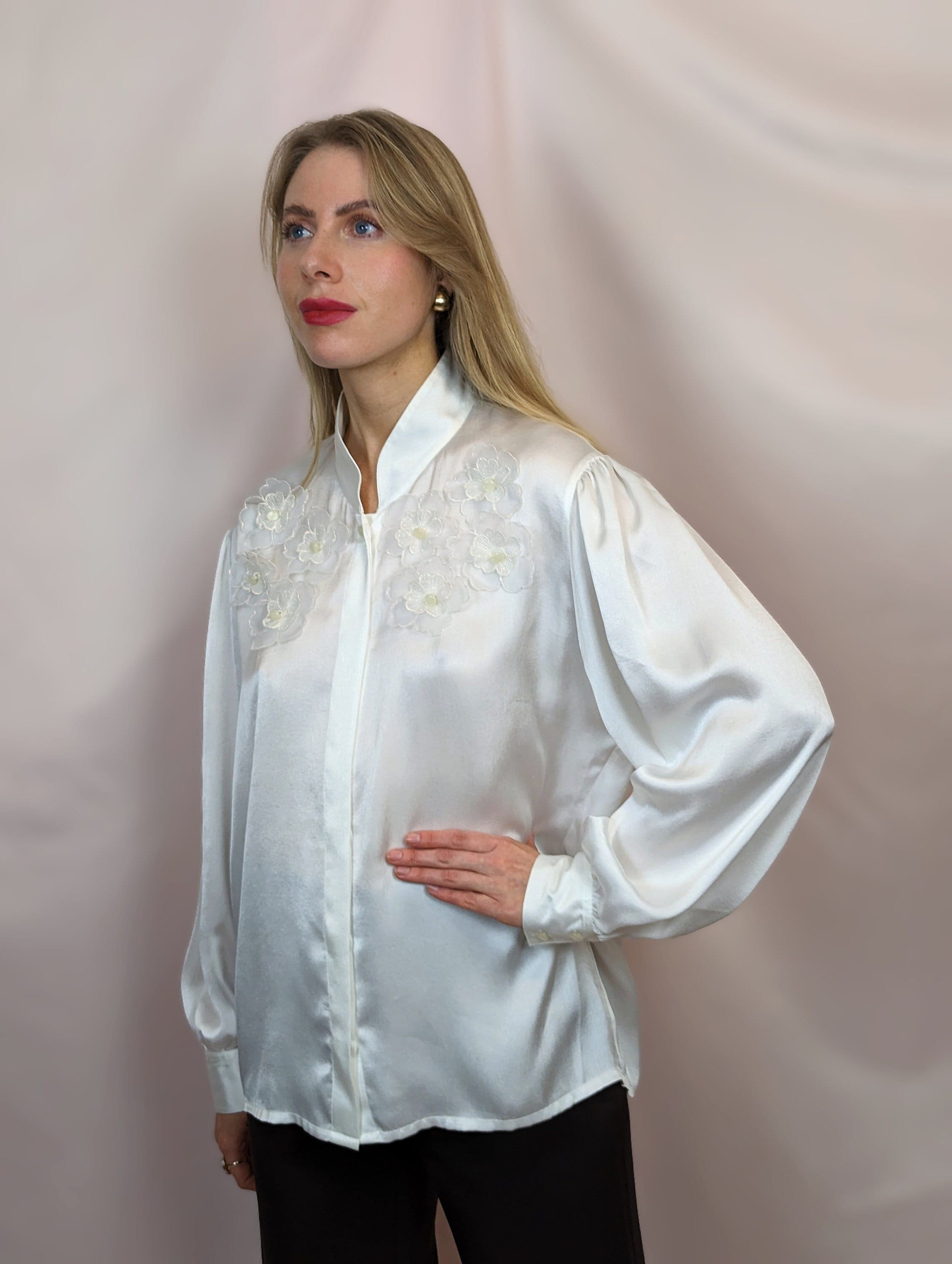 True Vintage 1980s Romantic White Satin Button up Blouse