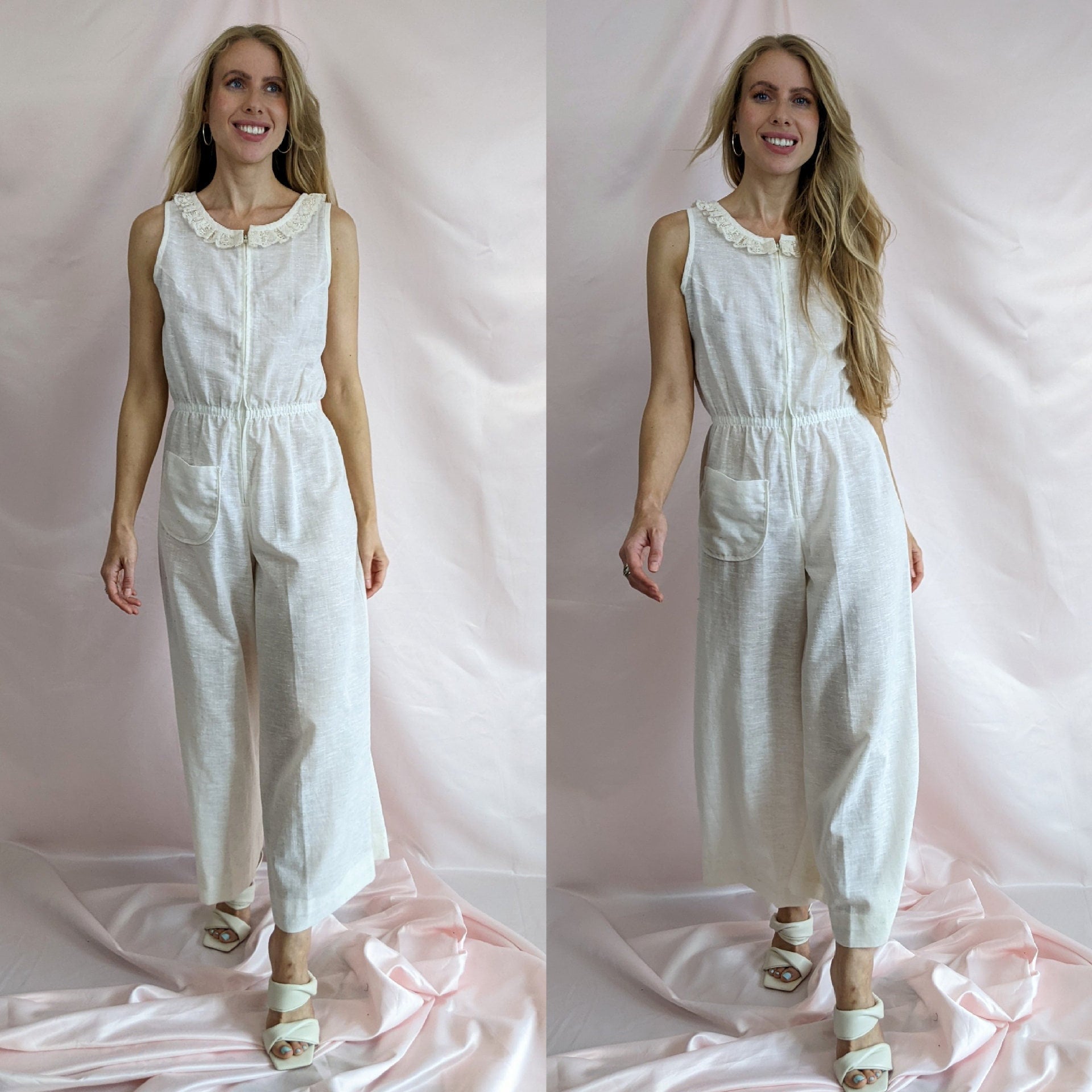 True vintage 1970s cream semi sheer polycotton romantic sleeveless Summer jumpsuit with lace hem and palazzo leg size S