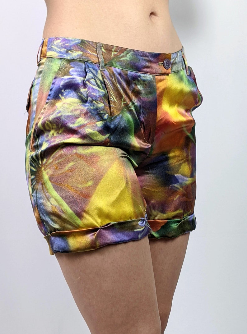 Vintage 1990s/ Y2K 100% silk abstract print multicolor rainbow shorts by Moschino Cheap and Chic size XS/S image 4