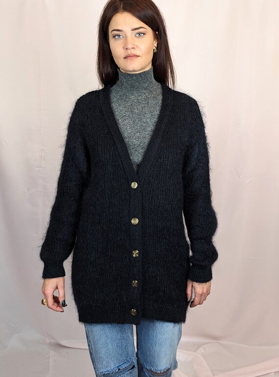 90s Vintage Black Mohair Cardigan/ Minimalist/ Casual/ Knitted 