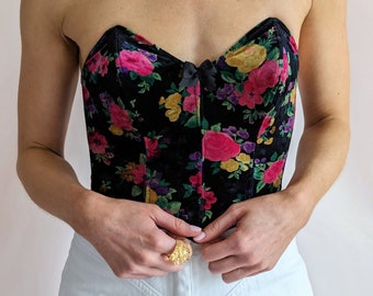 90s vintage velor floral black pink corset top by Triumph romantic cute lingerie size S cup B