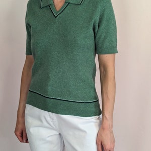 70s vintage short sleeve knitted sweater top/ dusty green/ collared/ MOD/ casual/ preppy/ wool/ angora size S image 5