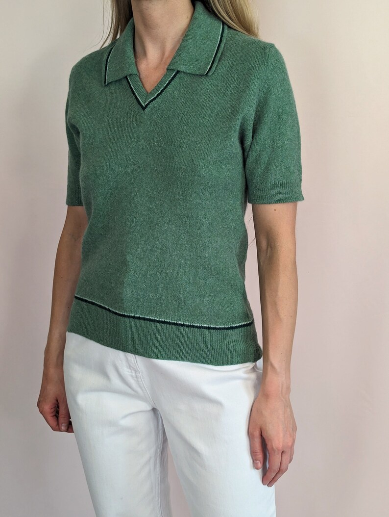 70s vintage short sleeve knitted sweater top/ dusty green/ collared/ MOD/ casual/ preppy/ wool/ angora size S image 5