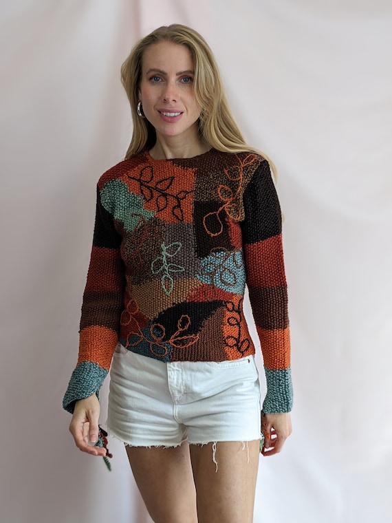 True vintage 1990s hand knitted wool blend patchw… - image 4