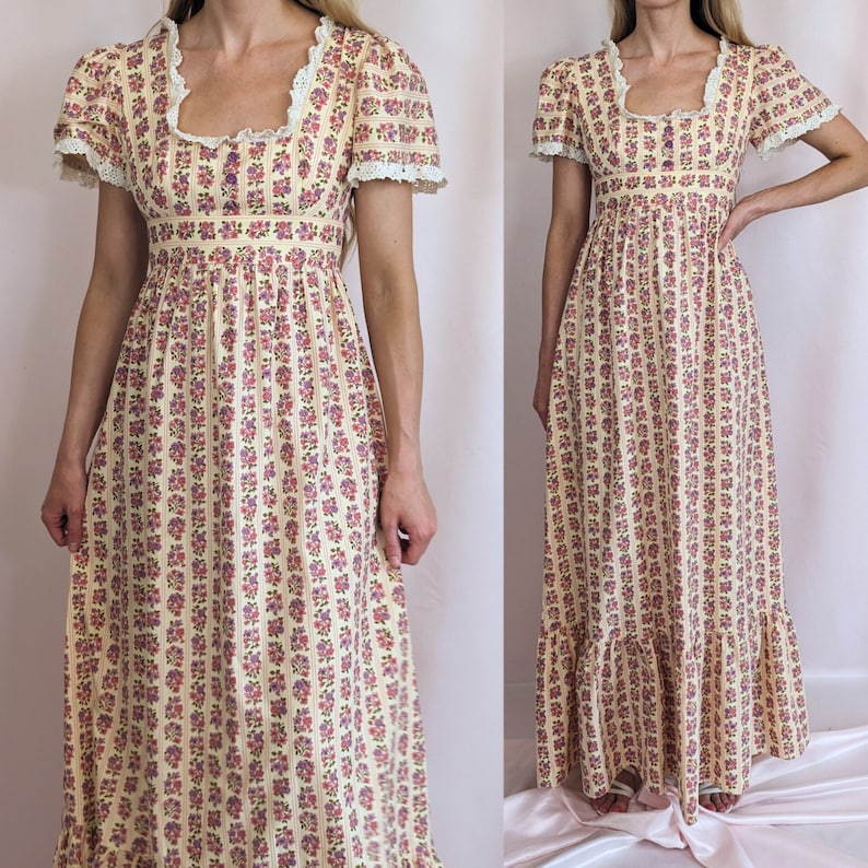 70s vintage Sherman of London maxi puffy sleeve romantic floral dress/ cotton/ Summer/ cottagecore/ lace trims/ A line/ size XS image 4