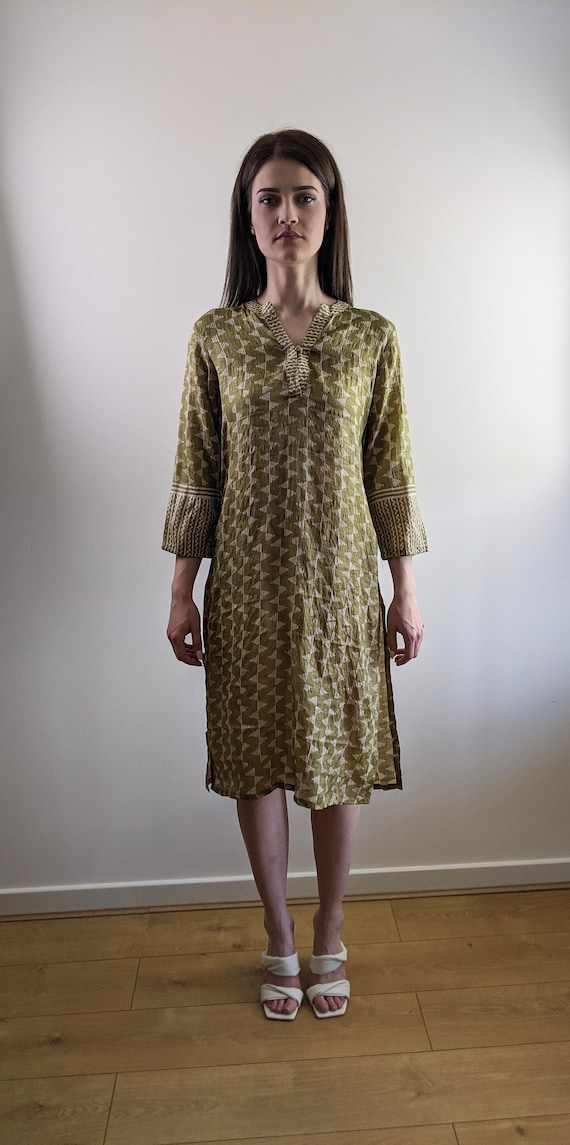 Vintage 1960s style kaftan silk dress olive green… - image 2