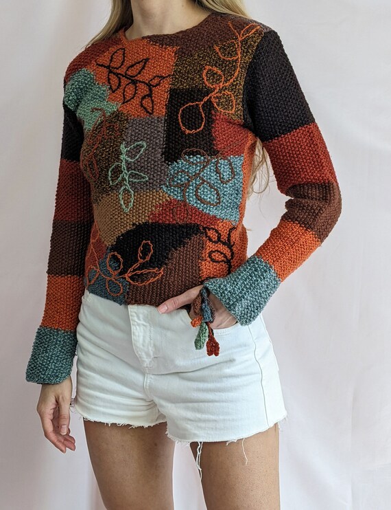 True vintage 1990s hand knitted wool blend patchw… - image 7