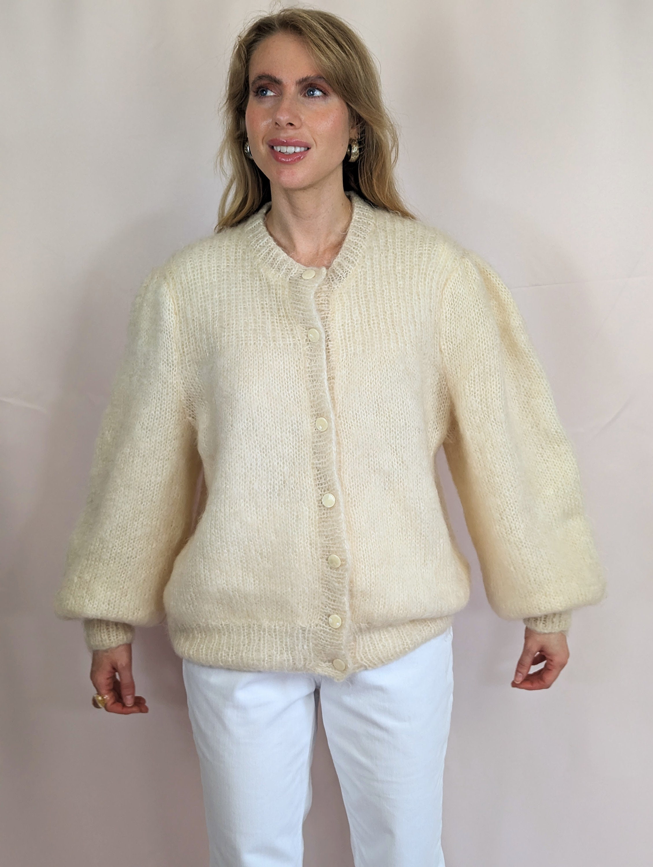 90s Vintage Mohair Cream Hand Knitted Button Down Cardigan Fuzzy