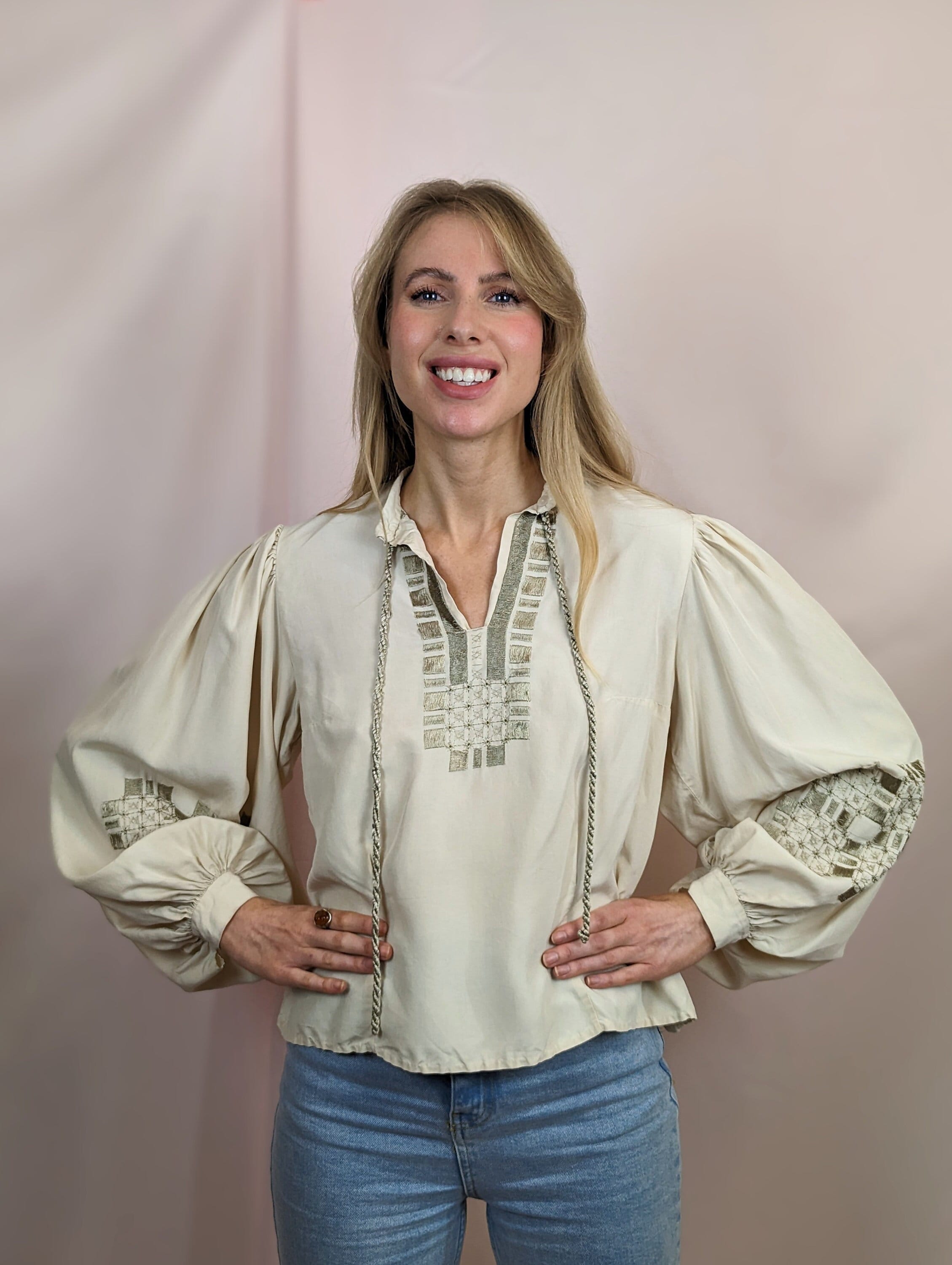 True Vintage 1970s Cream Lantern Sleeve Blouse With Silver Tone 