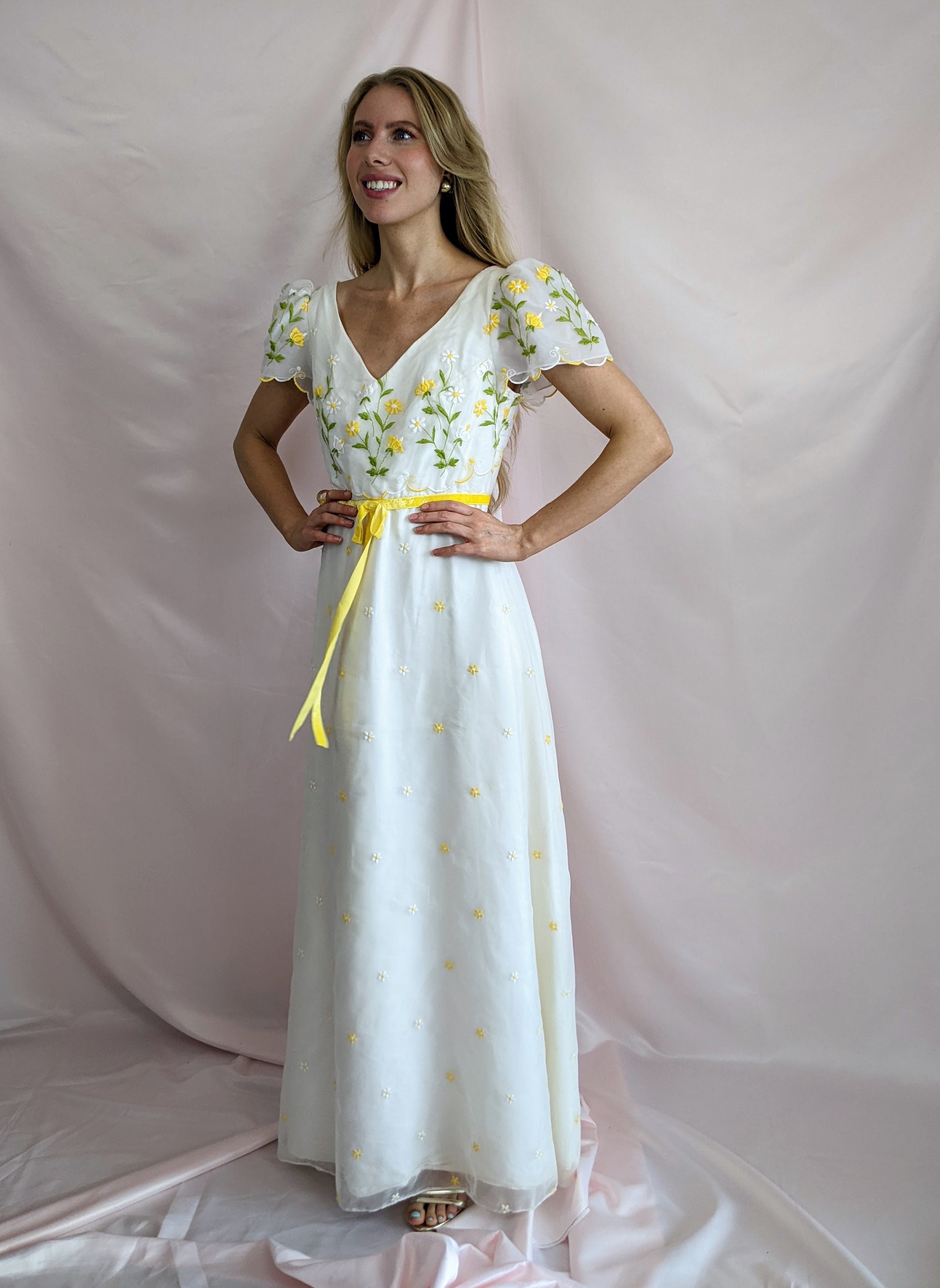 True Vintage 1970s Romantic White Maxi Dress With Embroidered