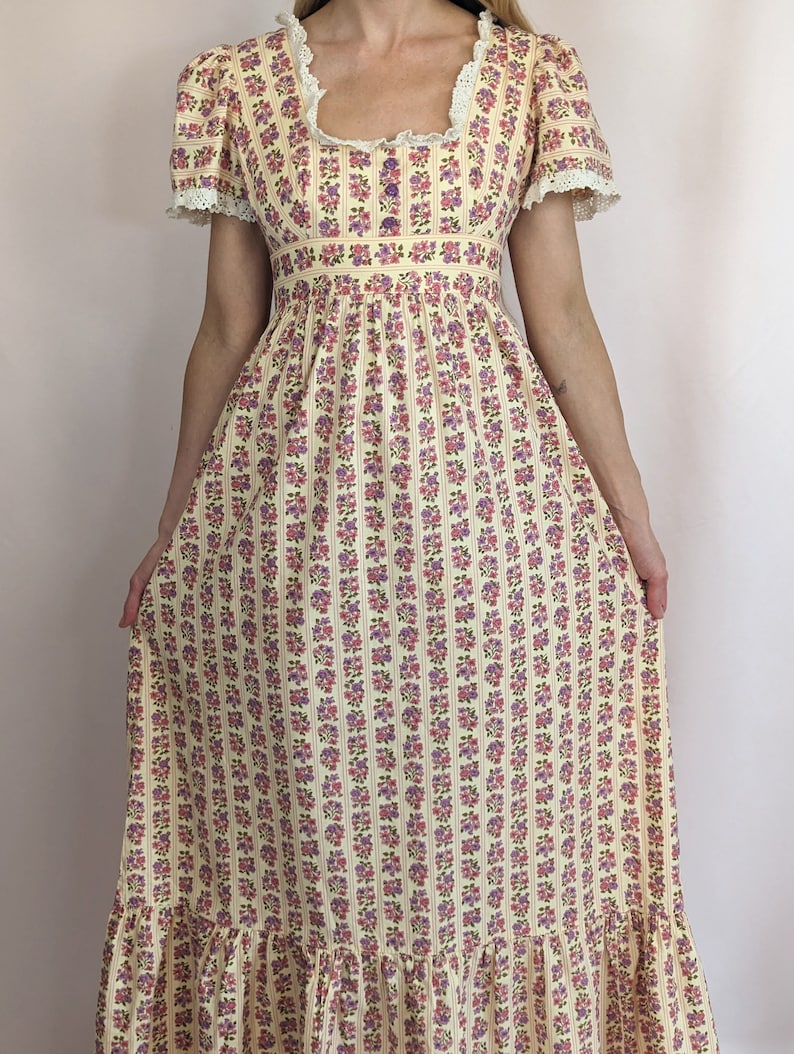 70s vintage Sherman of London maxi puffy sleeve romantic floral dress/ cotton/ Summer/ cottagecore/ lace trims/ A line/ size XS image 5