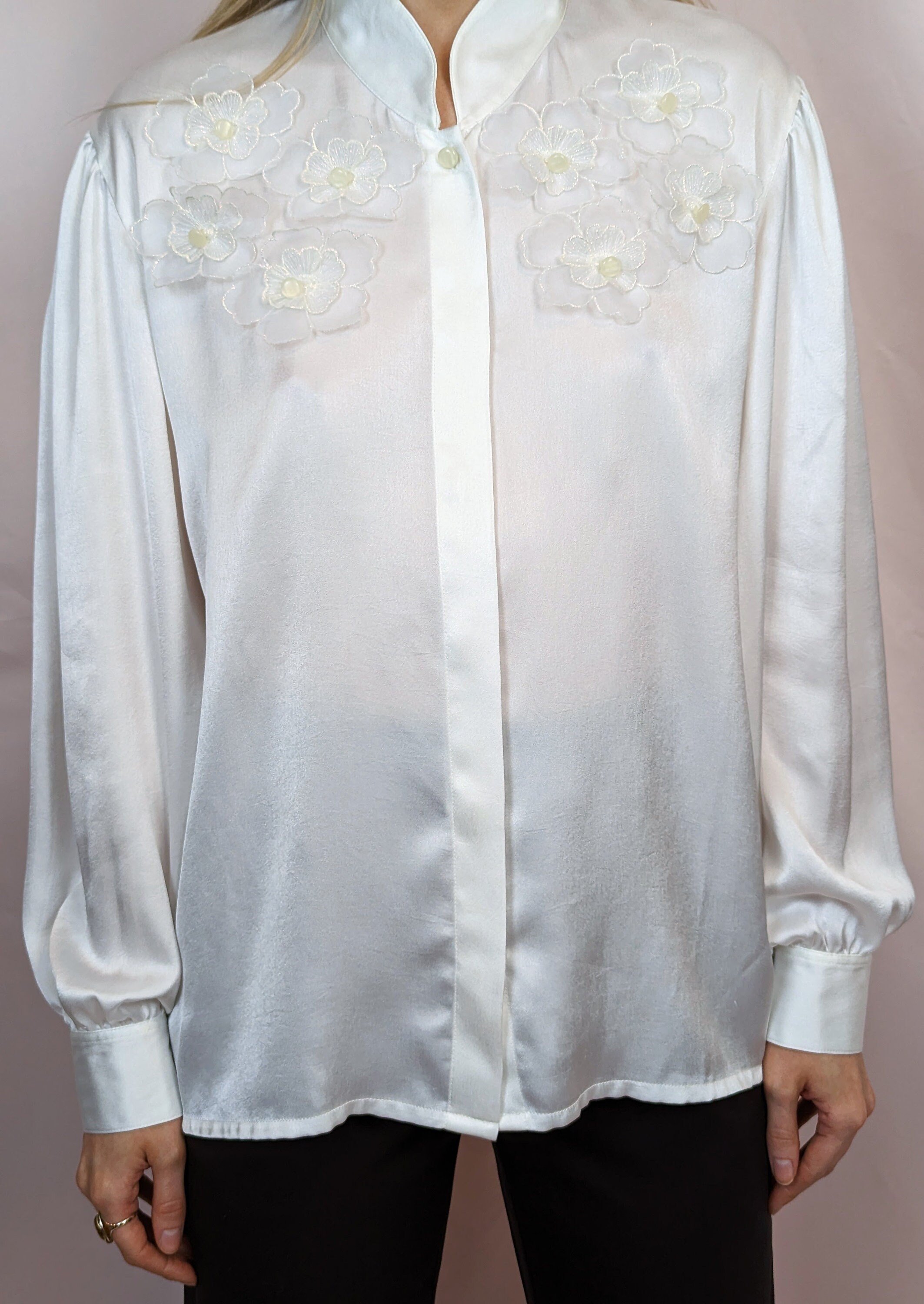 True Vintage 1980s Romantic White Satin Button Up Blouse With Bishop True Vintage 1980s Romantic White Satin Button Up Blouse With Bishop