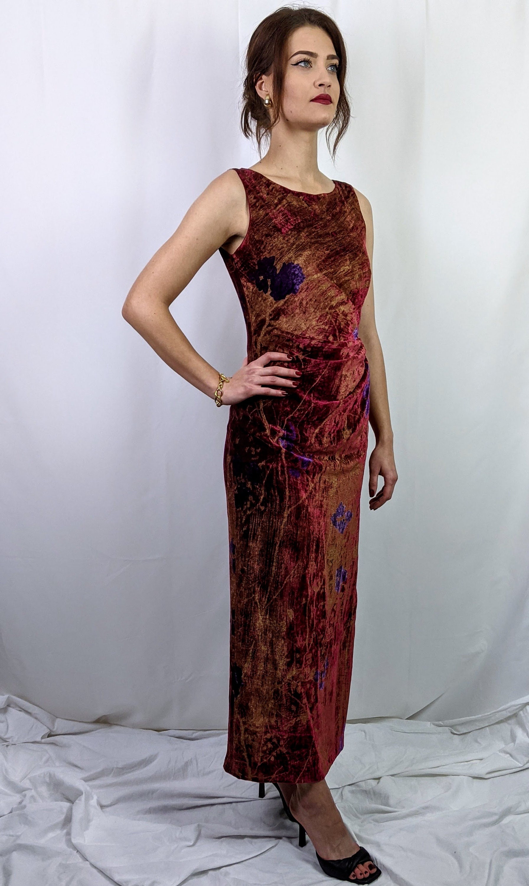 True Vintage 1990s Abstract Print Velvet Burnt Orange Ruched