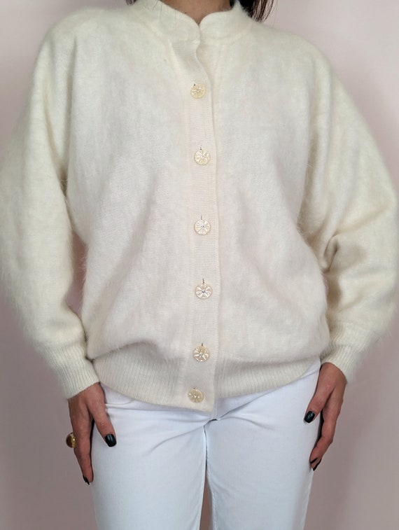 90s Vintage Angora Ivory Fuzzy Cosy Cardigan With Pearly Buttons Dreamy Winter Festive Cute Warm Delicate Romantic Size M L Etsy