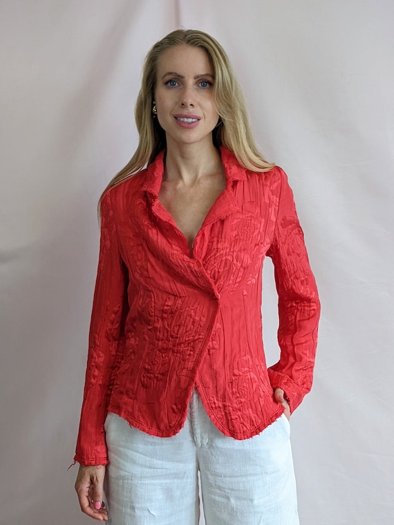 Christian Lacroix, Vintage 1990s Christian Lacroix Bazar silk blend red rose blazer chic classy glamourous designer size S