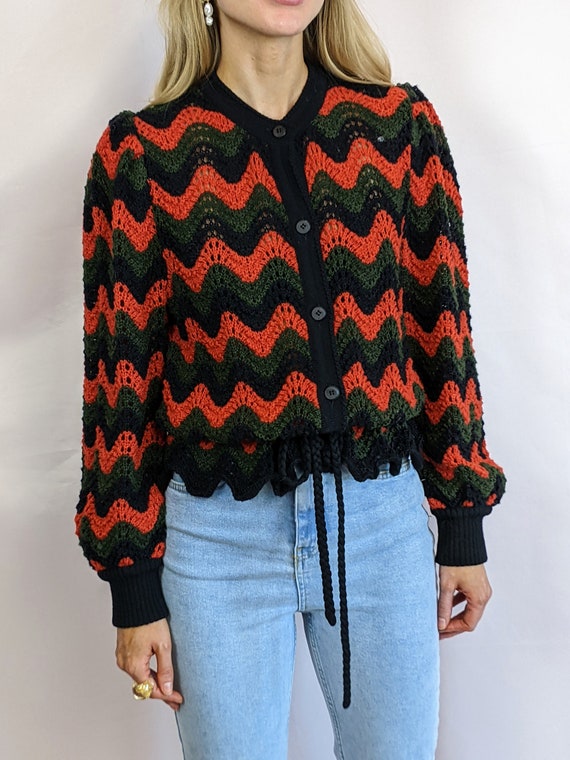 True vintage 1980s hand knitted zig zag green bla… - image 5