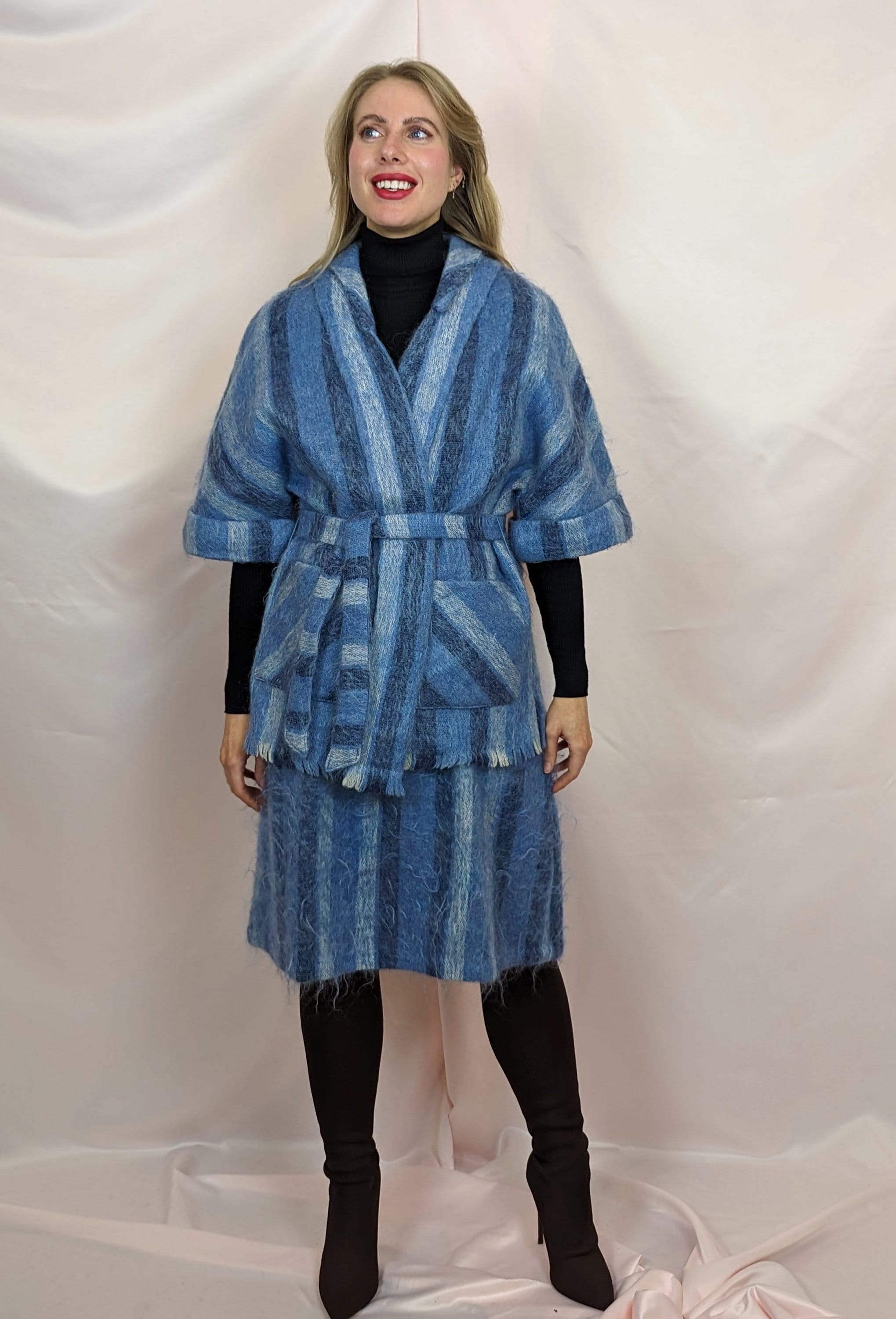 True Vintage 1980s 100% Blue Striped Mohair and Wool 2 Piece