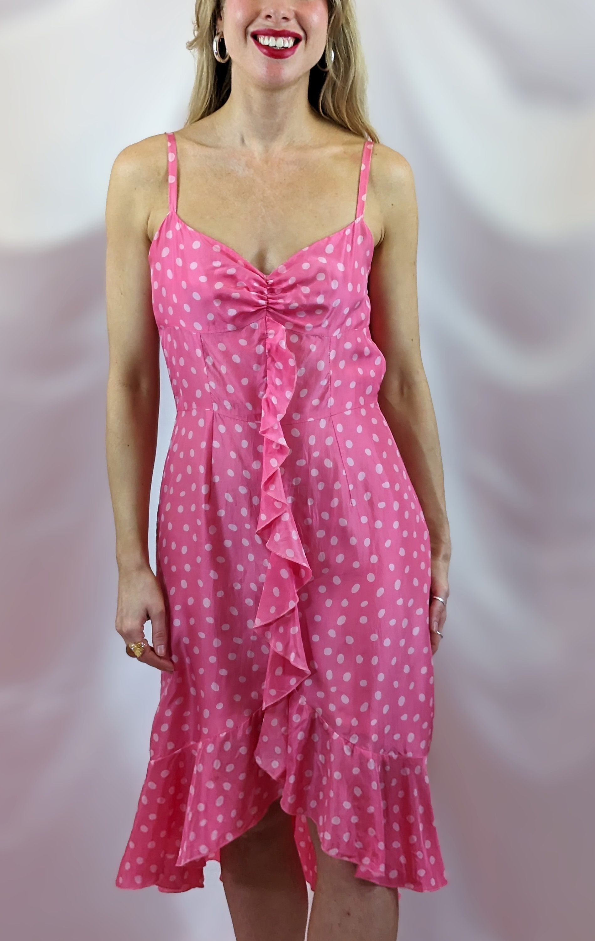 knee length dresses for ladies Pink and Brown Polka Dot Atlas Midi Dress main image 1