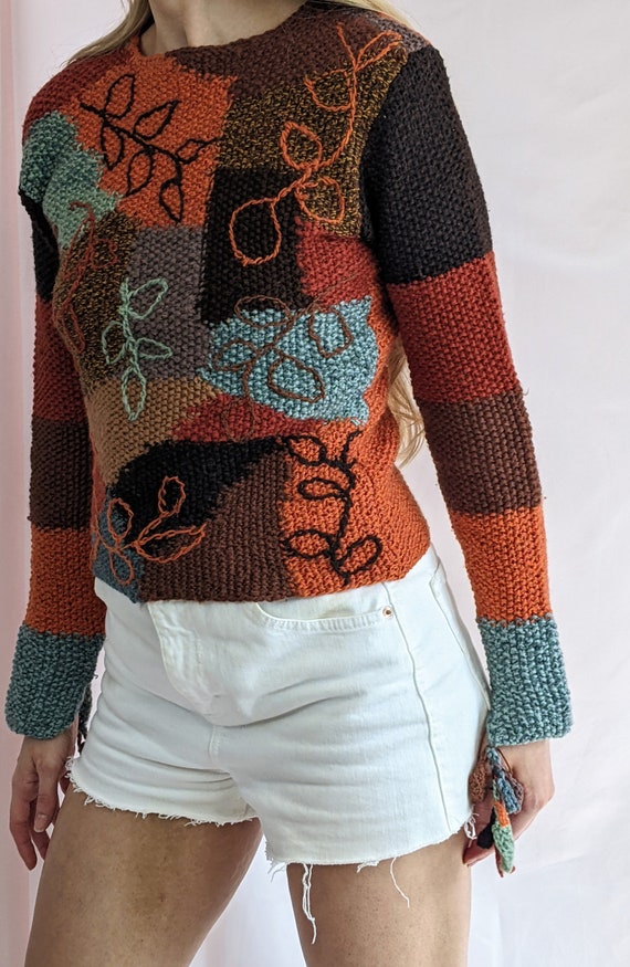 True vintage 1990s hand knitted wool blend patchw… - image 8